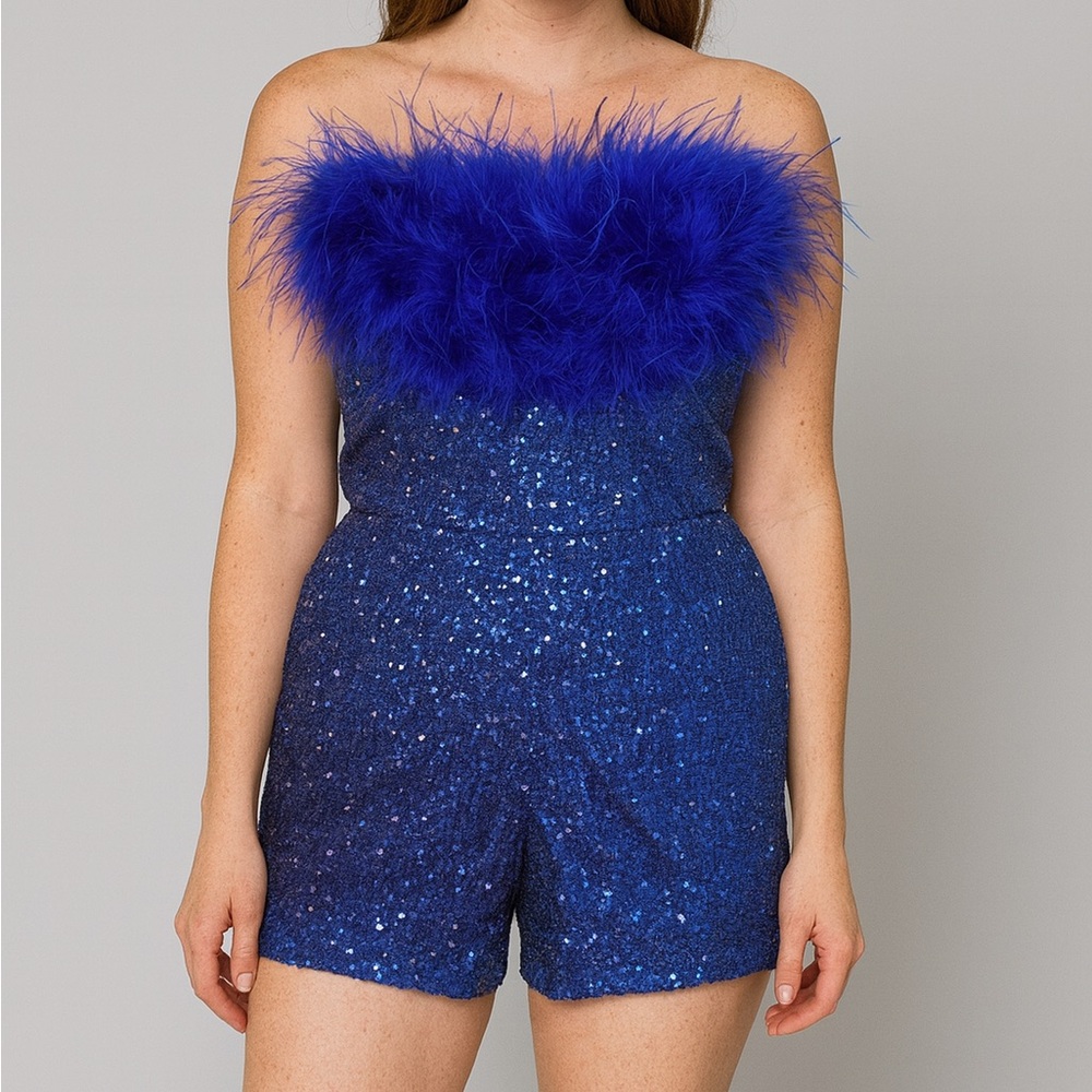 Lulu's Royal Blue Ostrich Feathers Sequins Party Knit Body suit medium